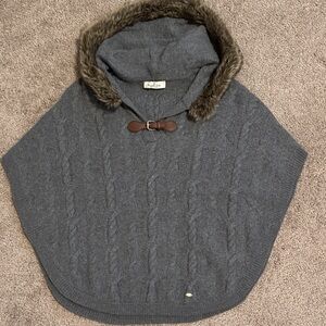Massimo Dutti Gray Hooded Poncho with Faux Fur Trim